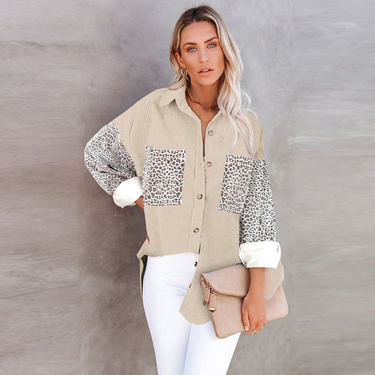 Damen Oversize-Cordhemd mit durchgehender Knopfleiste, Leo-Kontrastärmeln und aufgesetzten Taschen Shop Nory