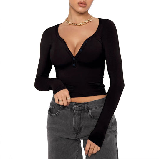 Damen nan figurbetontes geripptes Longsleeve mit Henley-Knopfleiste und tiefem V-Ausschnitt Shop Nory