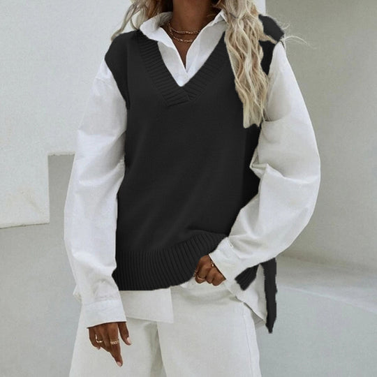 Damen Ärmellose Strickweste mit V-Ausschnitt und seitlichen Schlitzen Shop Nory