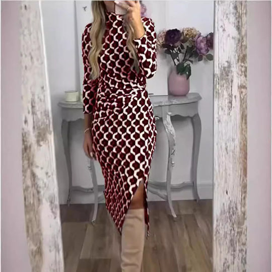 Damen Figurbetontes Midi-Kleid mit geometrischem Wabenmuster, Stehkragen und Seitenschlitz Shop Nory