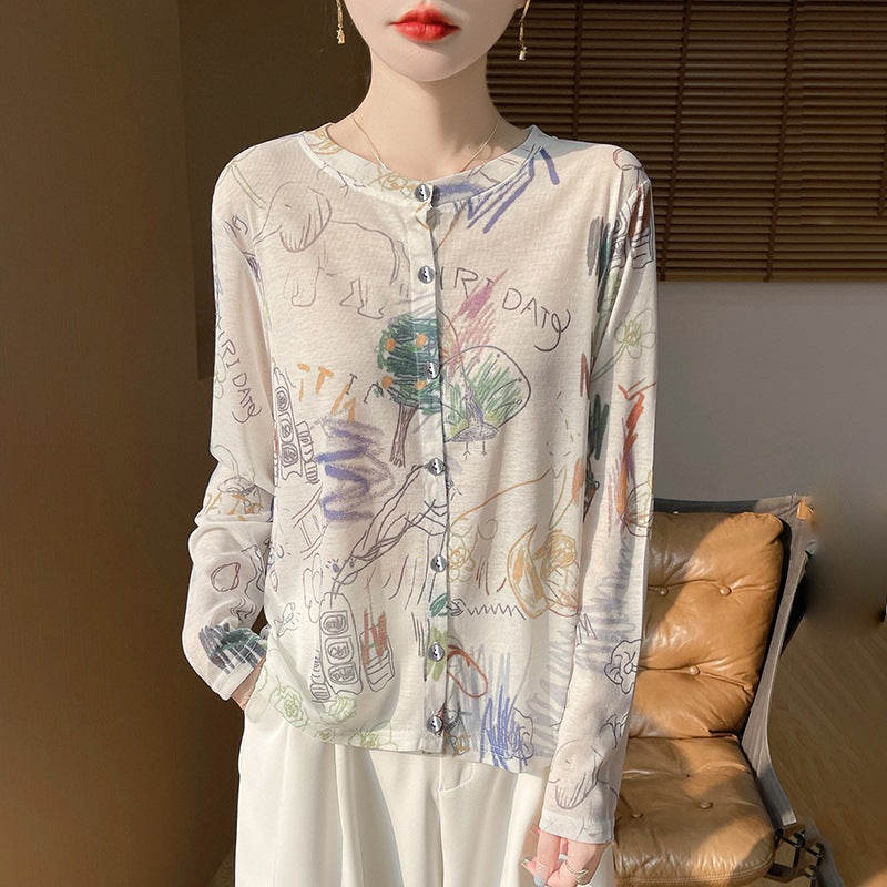 Damen Leichter Aquarell‑Print Feinstrick‑Cardigan mit Rundhalsausschnitt und Knopfleiste Shop Nory