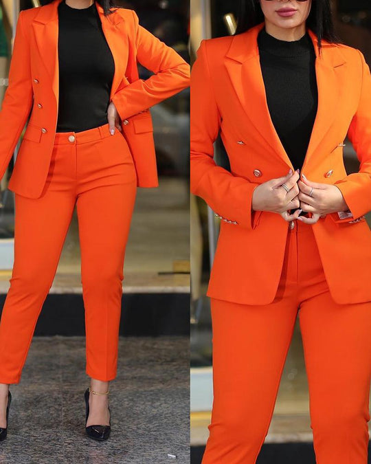 Damen Figurbetonter Zweireiher-Blazer mit schlanker High‑Waist Zigarettenhose Shop Nory