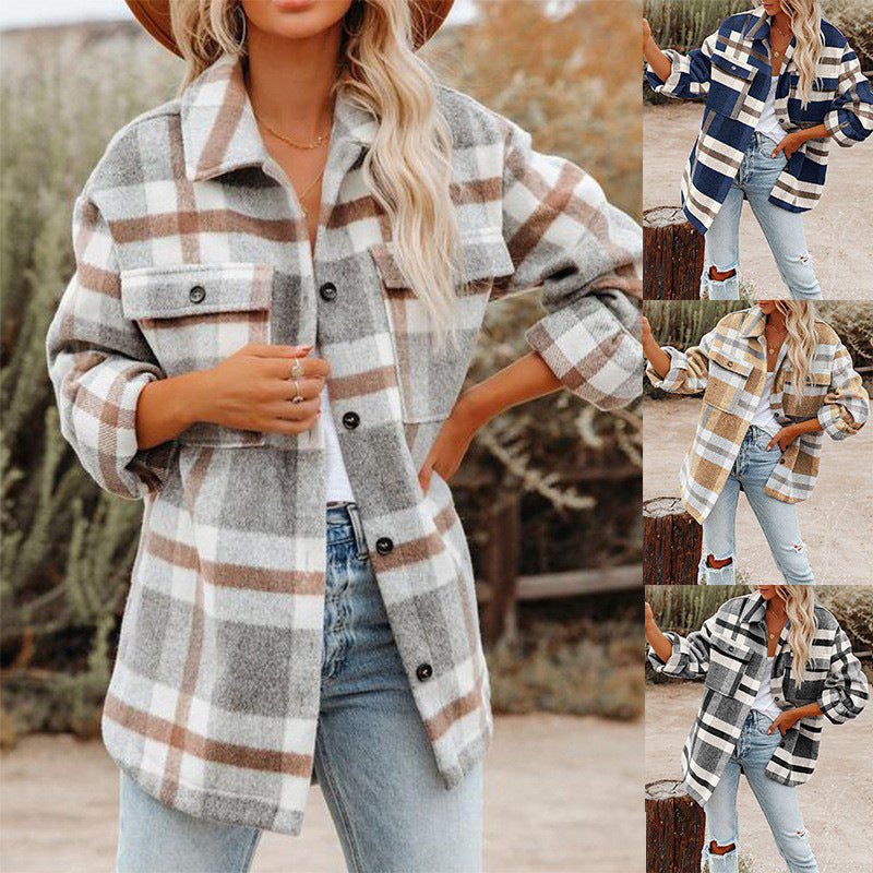 Damen Karierte Flanelljacke mit Lässigem Schnitt und Aufgesetzten Taschen