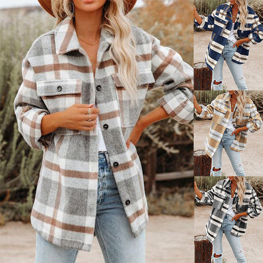 Damen Karierte Flanelljacke mit Lässigem Schnitt und Aufgesetzten Taschen
