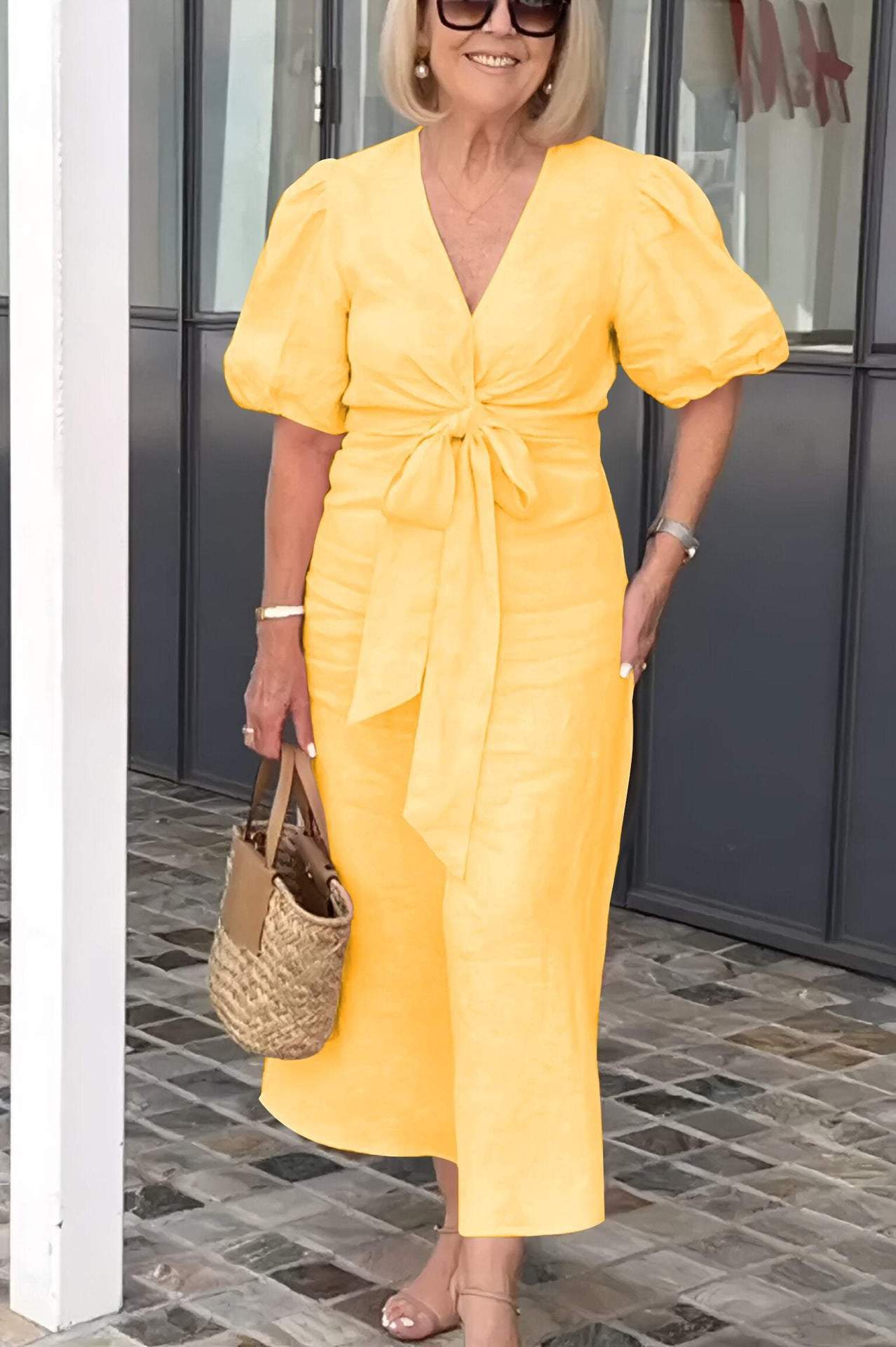 Damen Maxikleid mit eleganten Puffärmeln und Taillenknoten
