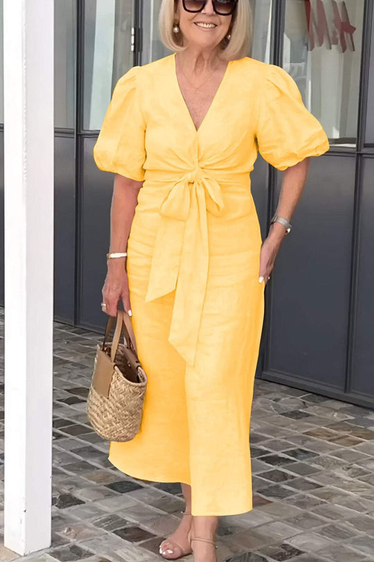 Damen Maxikleid mit eleganten Puffärmeln und Taillenknoten