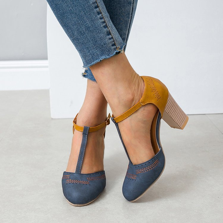 Damen T‑Strap Pumps mit mittelhohem Blockabsatz und dekorativer Ziernaht Shop Nory