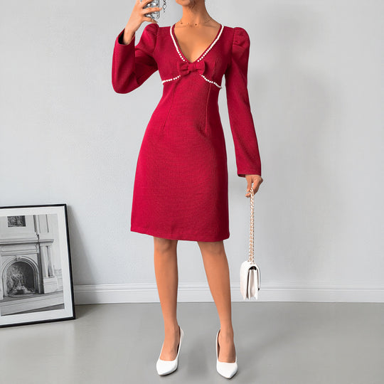 Damen Etuikleid mit V-Ausschnitt, Perlenbesatz und Puffärmeln Shop Nory