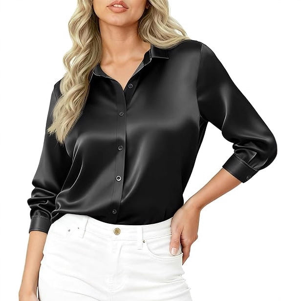 Damen Seidiges Satin-Blusenshirt mit Hemdkragen und dreiviertel Ärmeln Shop Nory