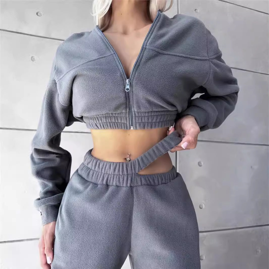 Damen Cropped Fleece-Set mit kurzem Zip-Hoodie und hoher Taillen-Jogginghose Shop Nory