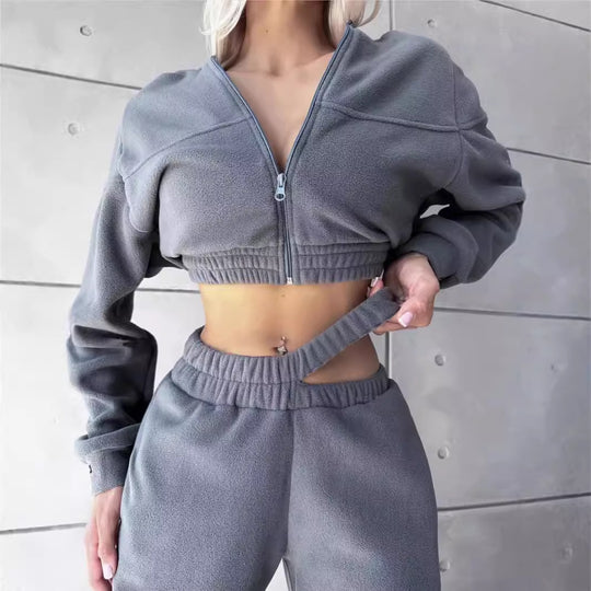 Damen Cropped Fleece-Set mit kurzem Zip-Hoodie und hoher Taillen-Jogginghose Shop Nory