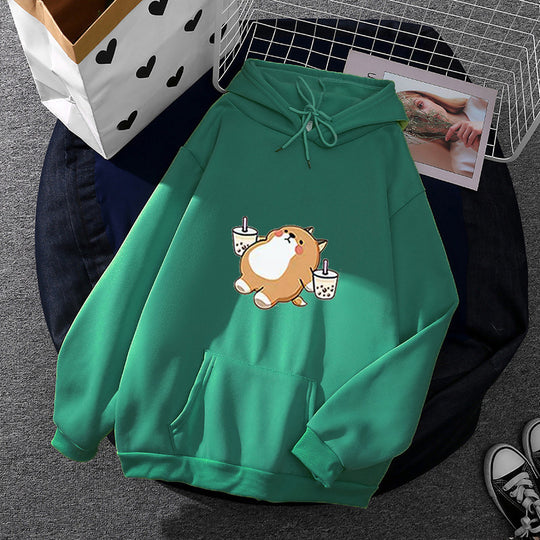 Damen nan niedlicher Kapuzenpullover mit Kängurutasche, oversized Schnitt und Bubble‑Tea Corgi-Print Shop Nory