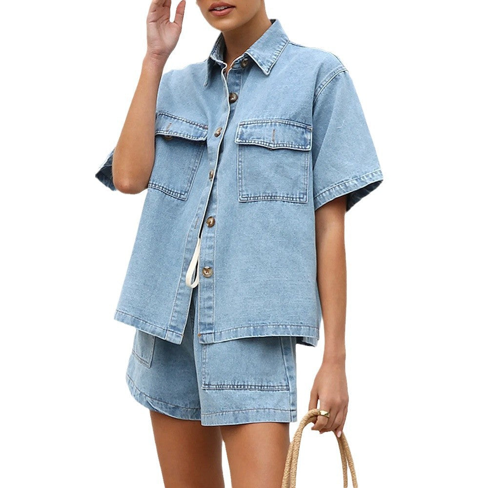 Damen lässige Kurzarm-Jeansbluse mit passender Shorts