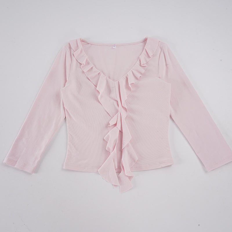 Damen nan tailliertes Langarmshirt mit tiefem V-Ausschnitt und eingesetzter Volant-Rüsche Shop Nory