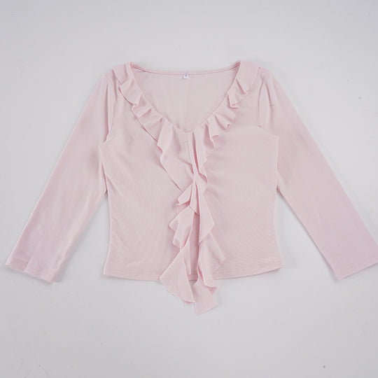 Damen nan tailliertes Langarmshirt mit tiefem V-Ausschnitt und eingesetzter Volant-Rüsche Shop Nory