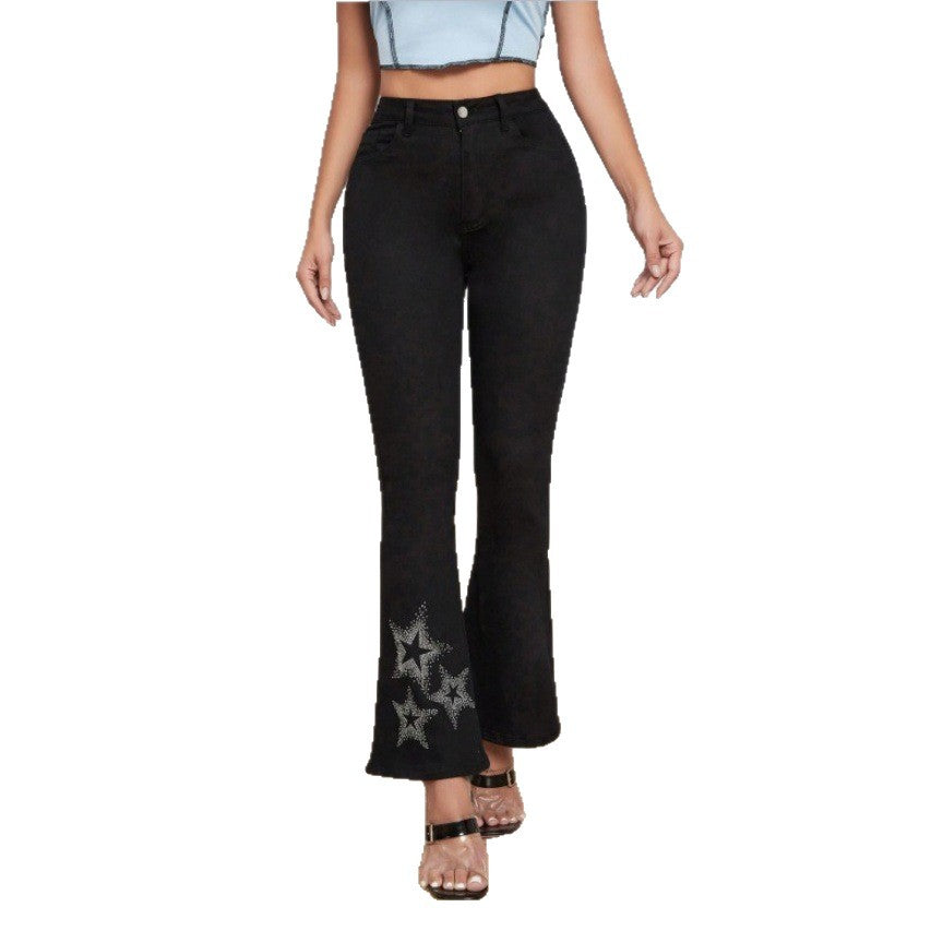 Damen Taillenhohe Stretch-Bootcut-Jeans mit Strass-Stern-Applikation am Saum Shop Nory