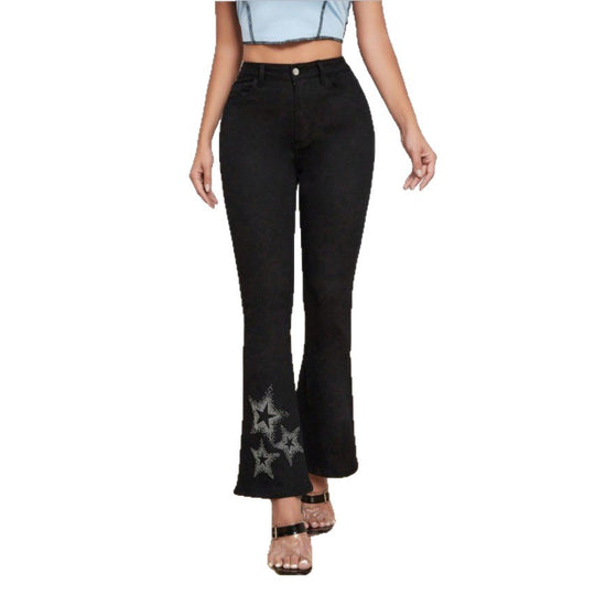 Damen Taillenhohe Stretch-Bootcut-Jeans mit Strass-Stern-Applikation am Saum Shop Nory