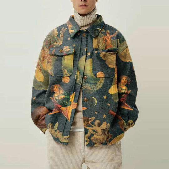 Damen Oversized Wolloptik-Überhemd mit asymmetrischem Vogelprint und Pattentasche Shop Nory