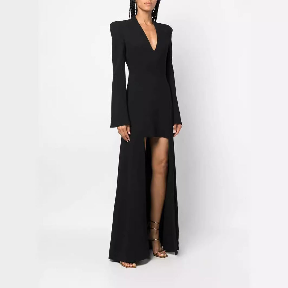 Damen Maxikleid im Blazerstil mit markanten Schulterpolstern, taillierter Silhouette und hohem Beinschlitz Shop Nory