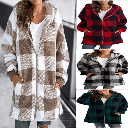 Damen Kariertes Teddy-Fleece-Mantel mit Kapuze und Reißverschluss Shop Nory