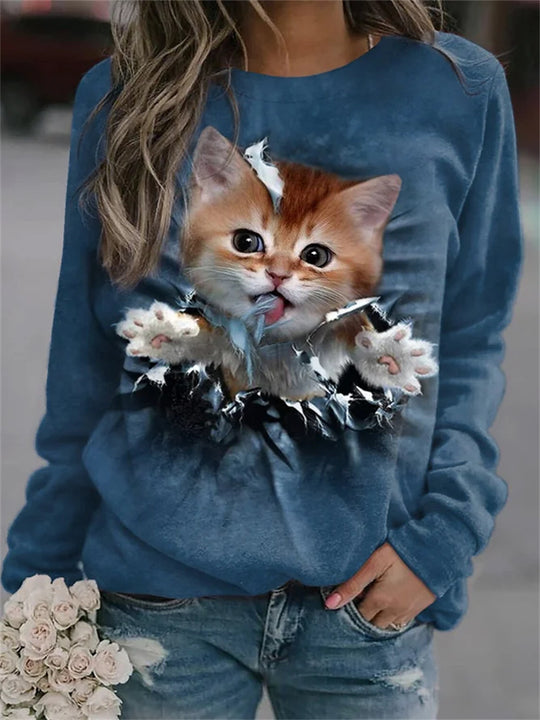 Damen Gemütlicher Übergroßer Fleece-Pullover mit Großem Welpenfoto-Print Shop Nory