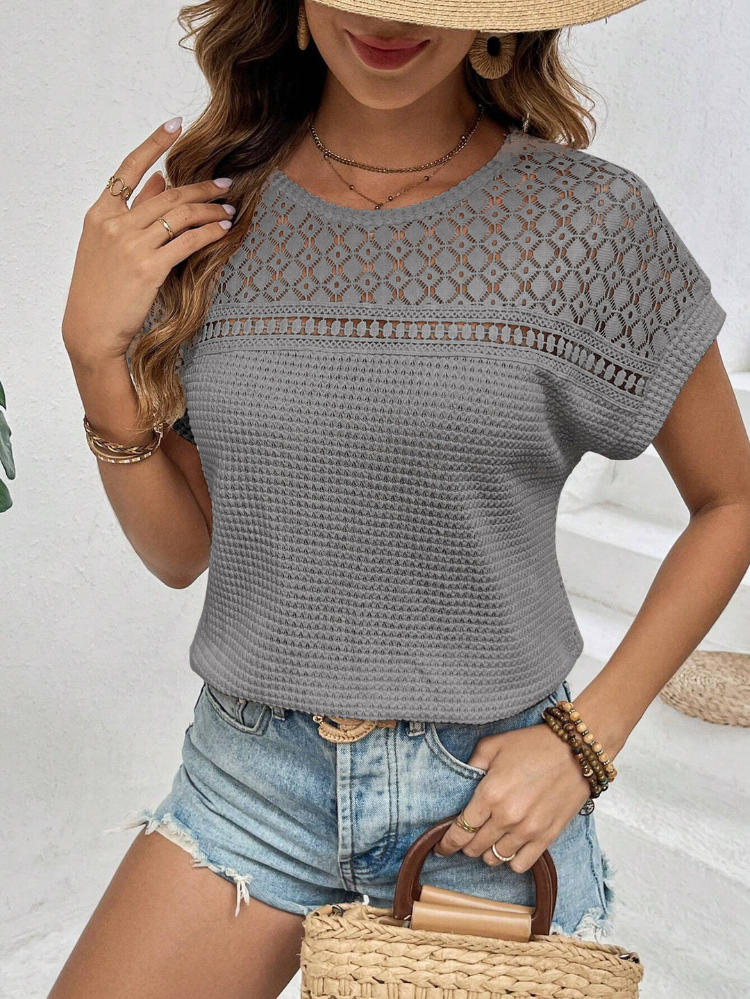 Damen Kurzärmliges Spitzencrochet-Top mit strukturierter Waffelstrick-Front Shop Nory