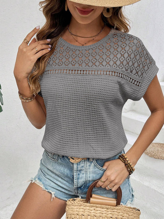 Damen Kurzärmliges Spitzencrochet-Top mit strukturierter Waffelstrick-Front Shop Nory