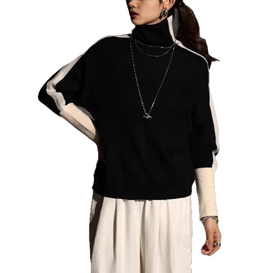 Damen Rollkragen-Feinstrickpullover mit weiten Raglanärmeln und Kontraststreifen Shop Nory