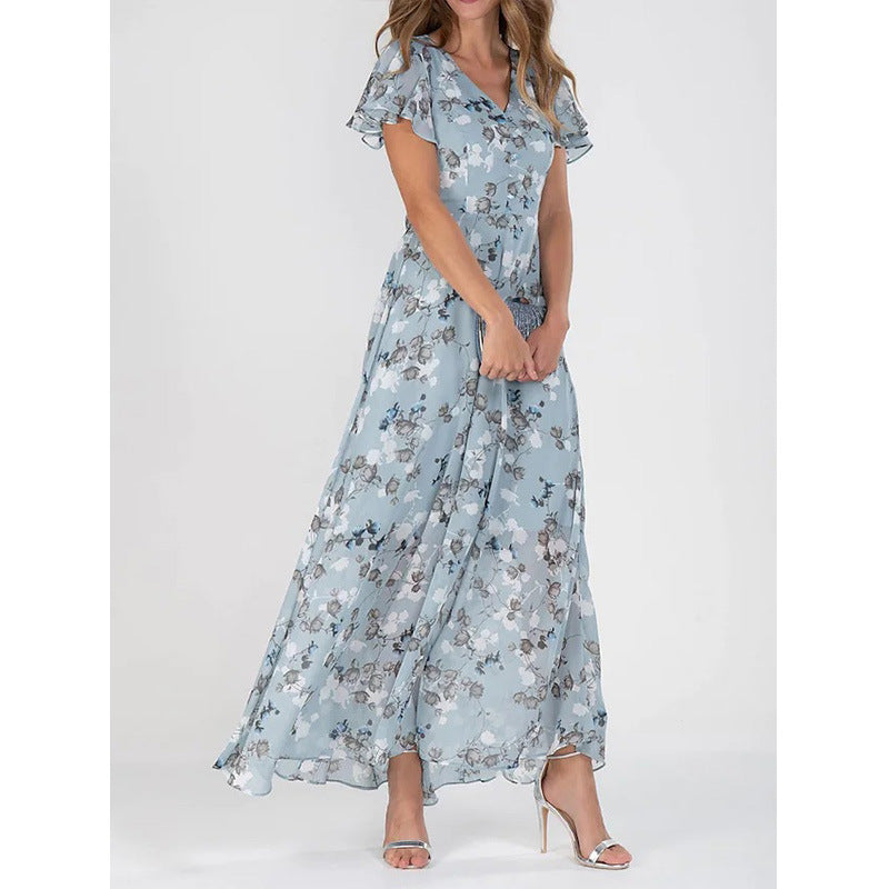 Damen Maxikleid mit floralem Chiffon-Stoff und transparenten Ärmeln