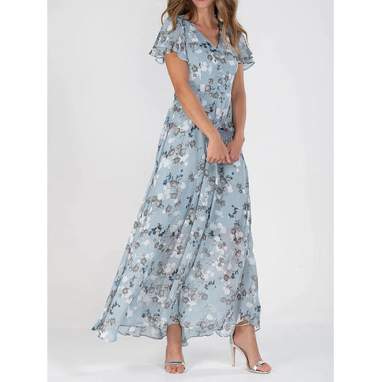 Damen Maxikleid mit floralem Chiffon-Stoff und transparenten Ärmeln