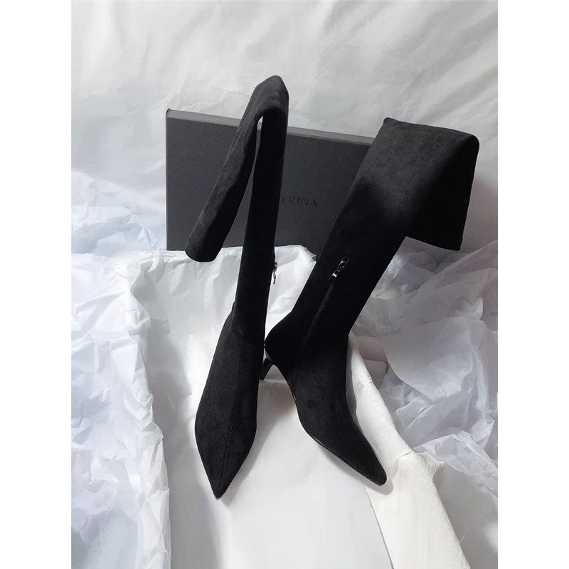 Damen Kniestiefel mit Umschlagschaft, spitzer Zehenform und Kitten‑Absatz Shop Nory