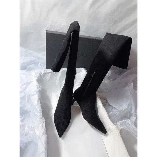 Damen Kniestiefel mit Umschlagschaft, spitzer Zehenform und Kitten‑Absatz Shop Nory