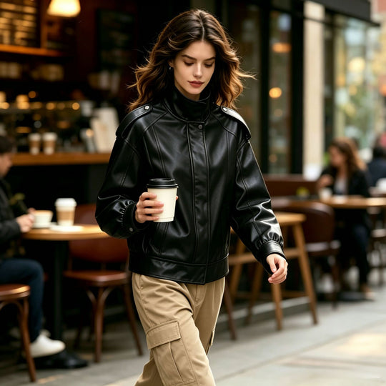 Damen Oversized-Lederjacke mit hohem Stehkragen und Schulterpatten Shop Nory