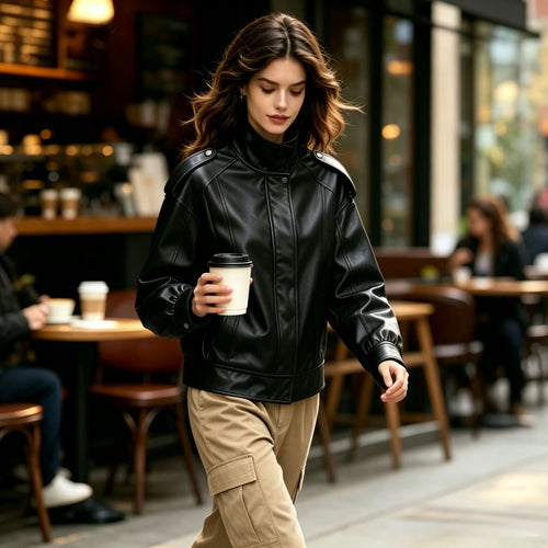 Damen Oversized-Lederjacke mit hohem Stehkragen und Schulterpatten Shop Nory