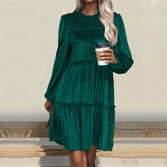 Damen Samtkleid mit Stufenrock, Raffung und Stehkragen Shop Nory