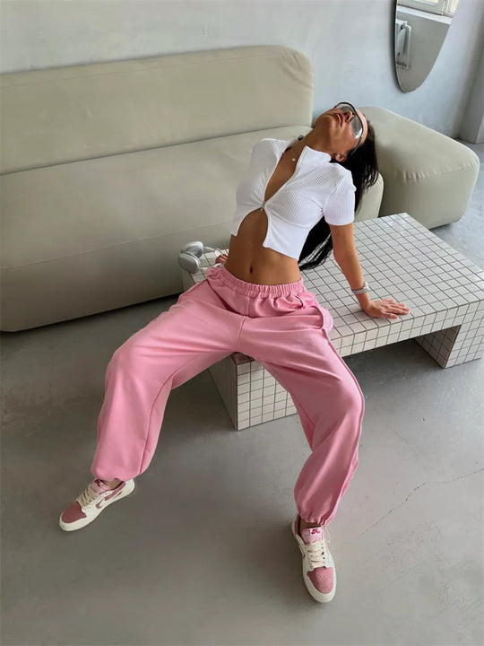 Damen locker sitzende High-Waist Sweatpants mit weitem Bein und elastischem Bund Shop Nory