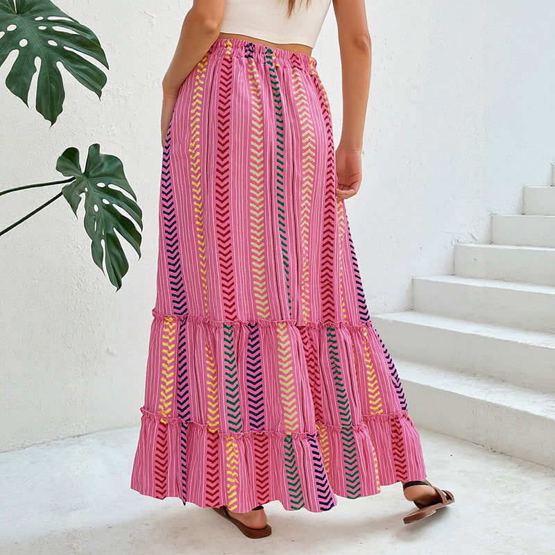 Damen Langer Stufen-Maxi-Rock mit Ethno-Streifen und Kordelbund Shop Nory