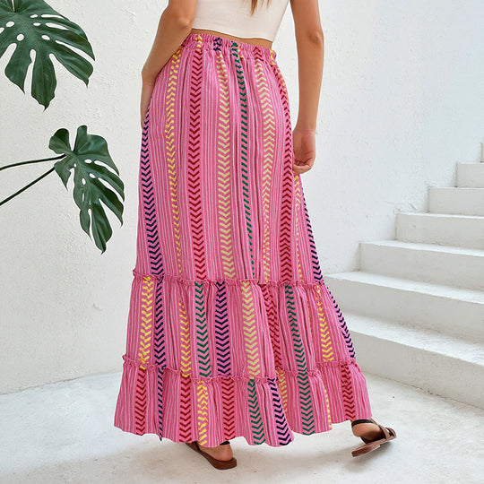 Damen Langer Stufen-Maxi-Rock mit Ethno-Streifen und Kordelbund Shop Nory