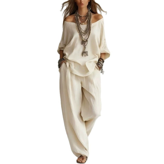 Damen Lässiges Leichtes Lounge-Set mit Carmenausschnitt und Palazzo-Hose Shop Nory