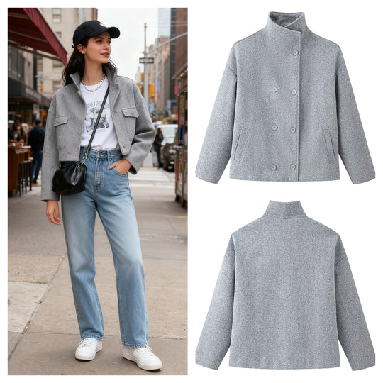 Damen Boxy Doppelreiher-Kurzmantel aus Wollmix mit Stehkragen Shop Nory