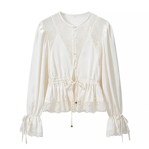Damen Romantische Spitzenbluse mit Tunnelzug-Taillierung, Volant-Saum und Ballonärmeln Shop Nory