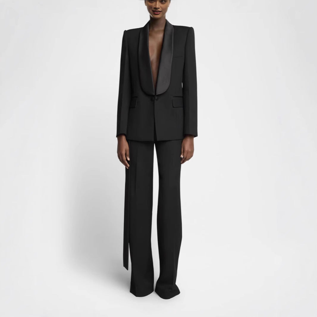 Damen Elegantes Smokingset mit Satin-Schalkragen und weitem Palazzohosen-Schnitt Shop Nory