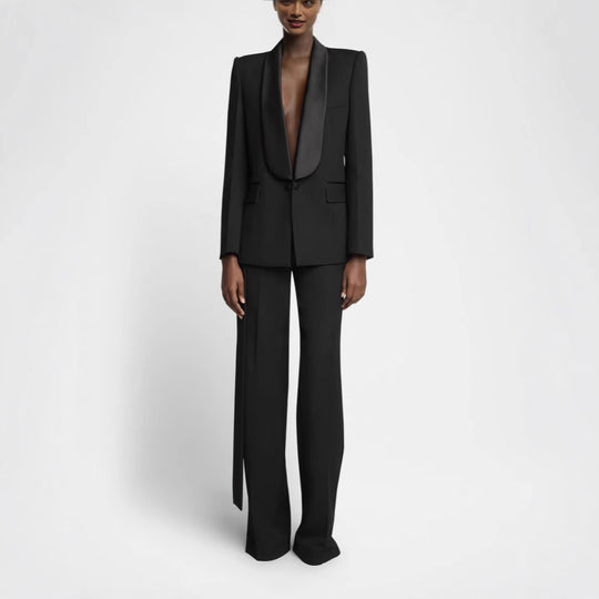 Damen Elegantes Smokingset mit Satin-Schalkragen und weitem Palazzohosen-Schnitt Shop Nory