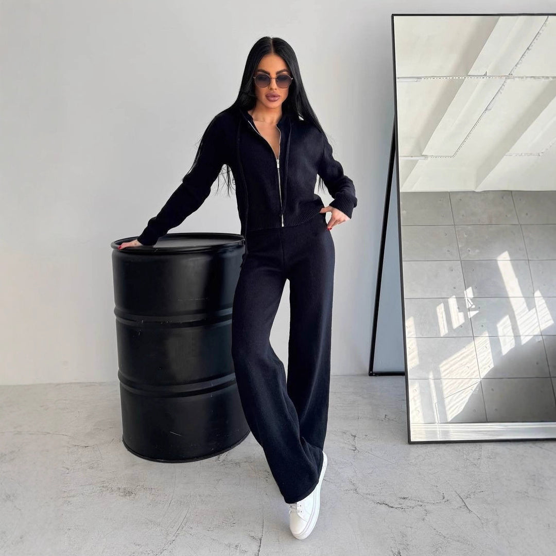 Damen Feinstrick-Loungewear-Set mit taillierter Kapuzenzipjacke und weiter Palazzo-Hose Shop Nory