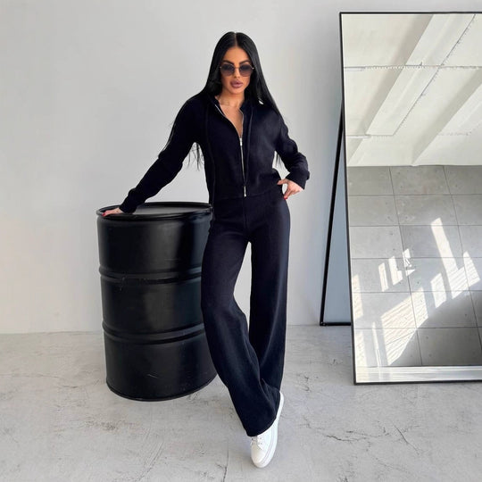 Damen Feinstrick-Loungewear-Set mit taillierter Kapuzenzipjacke und weiter Palazzo-Hose Shop Nory