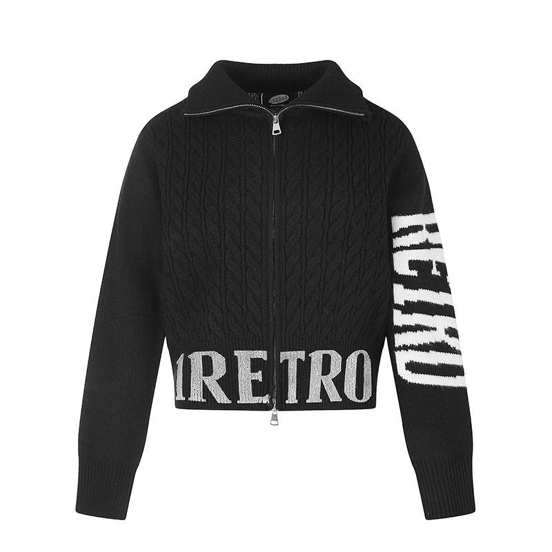 Damen Kurze Zopfmuster-Strickjacke mit Stehkragen, durchgehendem Reißverschluss und Typo-Bund Shop Nory