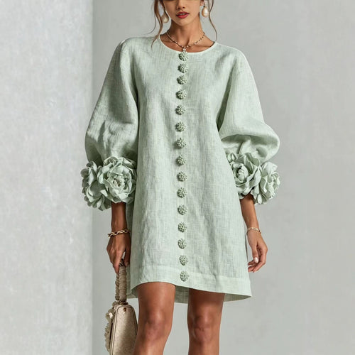 Damen Midikleid mit voluminösen Puffärmeln, 3D-Blütenknopfleiste und Leinenstruktur Shop Nory