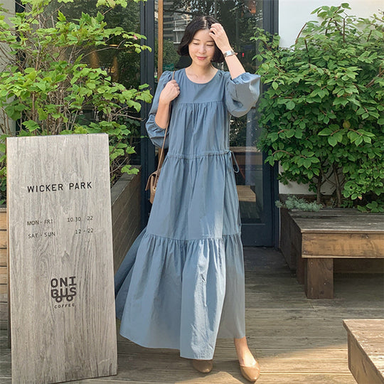 Damen Langes Stufenkleid mit Ballonärmeln und Tunnelzug Shop Nory
