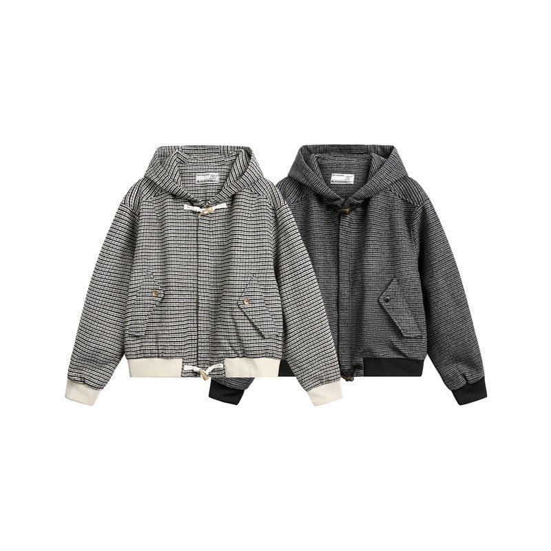 Unisex Kurz geschnittener Kapuzen-Blousonjacke im Strukturmix mit Knebelverschluss und Rippbündchen Shop Nory