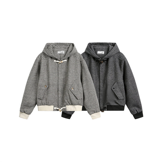 Unisex Kurz geschnittener Kapuzen-Blousonjacke im Strukturmix mit Knebelverschluss und Rippbündchen Shop Nory